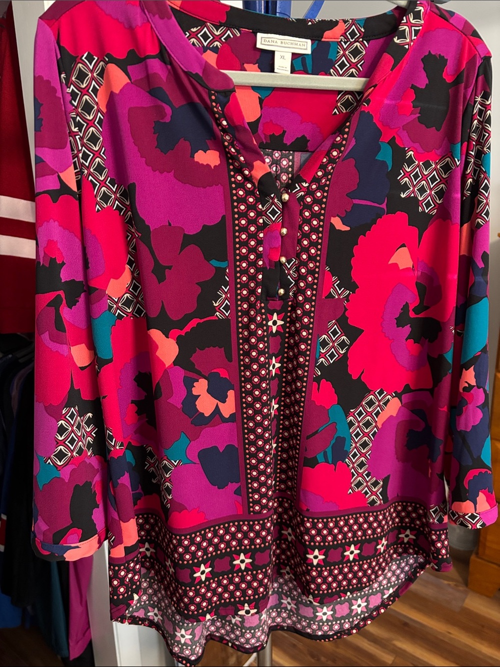 Dana Buchman Pink Floral Border-Print Women's Tunic Top